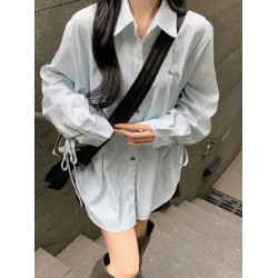 大碼條紋長袖襯衫女春秋寬鬆遮肚POLO領上衣胖MM小衆綁帶開衫外套