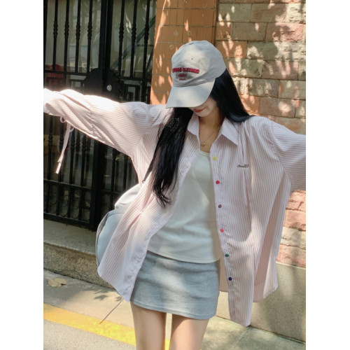 大碼條紋長袖襯衫女春秋寬鬆遮肚POLO領上衣胖MM小衆綁帶開衫外套