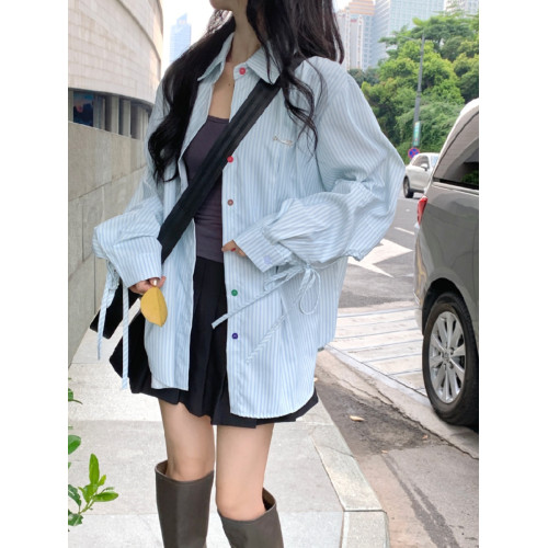 大碼條紋長袖襯衫女春秋寬鬆遮肚POLO領上衣胖MM小衆綁帶開衫外套