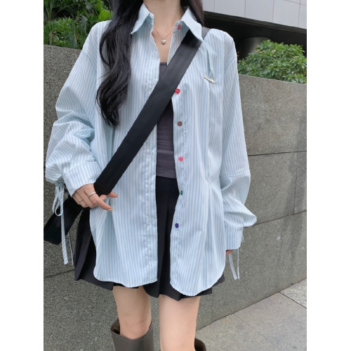 大碼條紋長袖襯衫女春秋寬鬆遮肚POLO領上衣胖MM小衆綁帶開衫外套