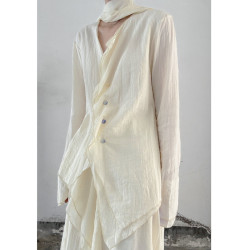 浮木兮/清冷感肌理褶皺棉麻v領襯衫小衆不規則單排釦上衣春