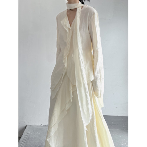 浮木兮/清冷感肌理褶皺棉麻v領襯衫小衆不規則單排釦上衣春 浮木兮/清冷感肌理褶皺棉麻v領襯衫小衆不規則單排釦上衣春