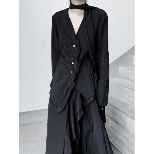 浮木兮/清冷感肌理褶皺棉麻v領襯衫小衆不規則單排釦上衣春 浮木兮/清冷感肌理褶皺棉麻v領襯衫小衆不規則單排釦上衣春