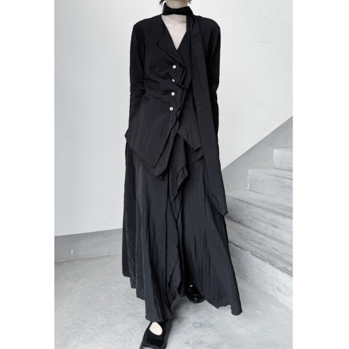 浮木兮/清冷感肌理褶皺棉麻v領襯衫小衆不規則單排釦上衣春 浮木兮/清冷感肌理褶皺棉麻v領襯衫小衆不規則單排釦上衣春