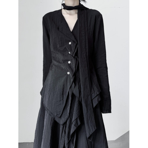 浮木兮/清冷感肌理褶皺棉麻v領襯衫小衆不規則單排釦上衣春 浮木兮/清冷感肌理褶皺棉麻v領襯衫小衆不規則單排釦上衣春