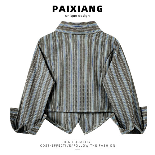 PAIXIANG/學院風條紋短款長袖襯衫女2025春季新款打底衫減齡襯衣 PAIXIANG/學院風條紋短款長袖襯衫女2025春季新款打底衫減齡襯衣