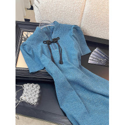 點點2026夏季新款復古高級感收腰顯瘦減齡改良旗袍藍色國風連衣裙