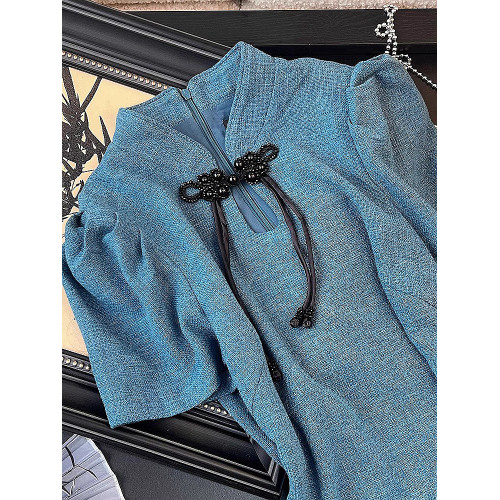 點點2026夏季新款復古高級感收腰顯瘦減齡改良旗袍藍色國風連衣裙