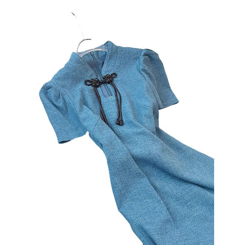 點點2026夏季新款復古高級感收腰顯瘦減齡改良旗袍藍色國風連衣裙