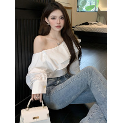 大碼荷葉邊露肩長袖白襯衫女秋季法式設計感胖mm遮肚顯瘦氣質上衣