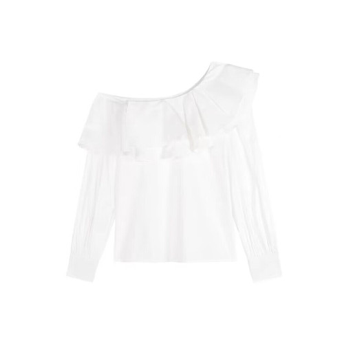 大碼荷葉邊露肩長袖白襯衫女秋季法式設計感胖mm遮肚顯瘦氣質上衣