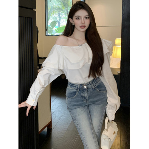大碼荷葉邊露肩長袖白襯衫女秋季法式設計感胖mm遮肚顯瘦氣質上衣
