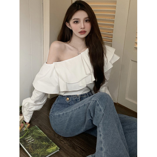 大碼荷葉邊露肩長袖白襯衫女秋季法式設計感胖mm遮肚顯瘦氣質上衣