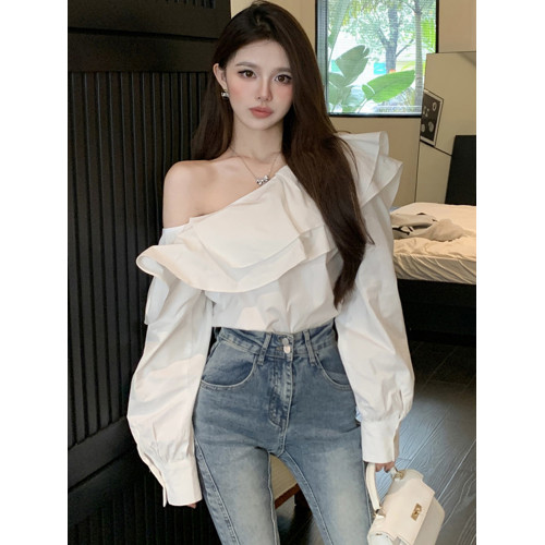 大碼荷葉邊露肩長袖白襯衫女秋季法式設計感胖mm遮肚顯瘦氣質上衣