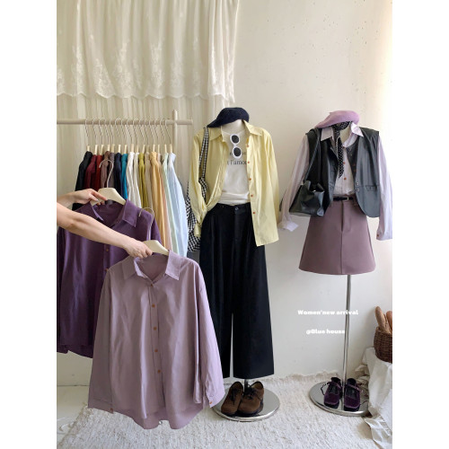 基礎系韓國王炸色系長袖方領淨版襯衫女秋內搭外曡穿休閒氣質襯衣