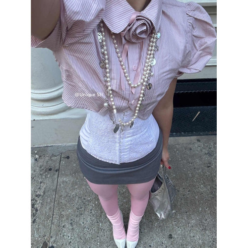 Unique SEI夏季韓系立體玫瑰花裝飾泡泡袖超短露臍甜酷襯衫上衣女