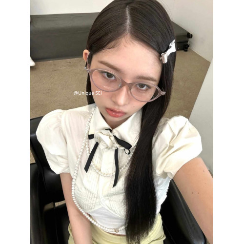 Unique SEI夏季韓系立體玫瑰花裝飾泡泡袖超短露臍甜酷襯衫上衣女