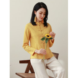 棉麻襯衫女春季民族風中式唐裝復古盤釦漢服開衫純色上衣禪衣茶服