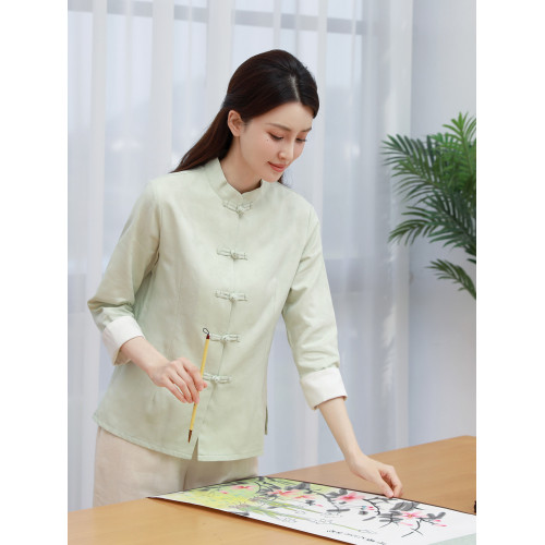 棉麻襯衫女春季民族風中式唐裝復古盤釦漢服開衫純色上衣禪衣茶服 棉麻襯衫女春季民族風中式唐裝復古盤釦漢服開衫純色上衣禪衣茶服