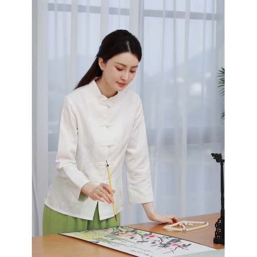 棉麻襯衫女春季民族風中式唐裝復古盤釦漢服開衫純色上衣禪衣茶服 棉麻襯衫女春季民族風中式唐裝復古盤釦漢服開衫純色上衣禪衣茶服