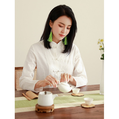 棉麻襯衫女春季民族風中式唐裝復古盤釦漢服開衫純色上衣禪衣茶服 棉麻襯衫女春季民族風中式唐裝復古盤釦漢服開衫純色上衣禪衣茶服