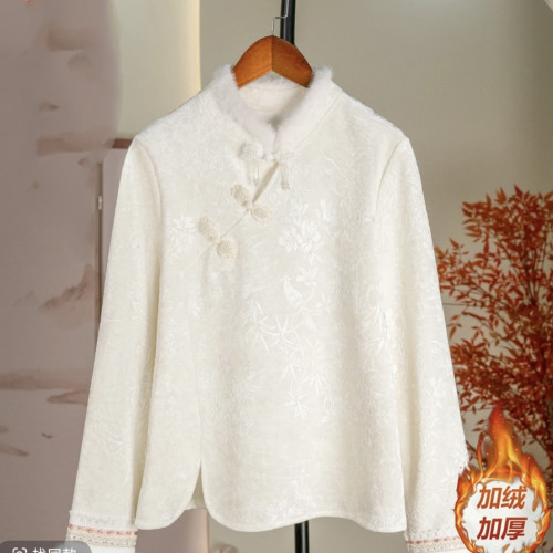 秋冬新款新中式國風盤釦上衣女加絨加厚復古提花長袖T恤打底衫