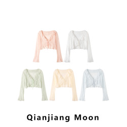 荷葉邊系帶蕾絲防曬開衫女薄款夏季外搭短款披肩罩衫外套長袖上衣