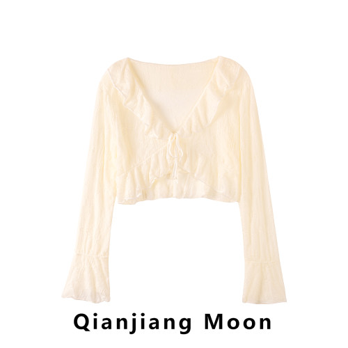 荷葉邊系帶蕾絲防曬開衫女薄款夏季外搭短款披肩罩衫外套長袖上衣