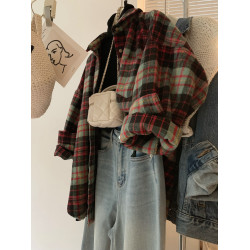 配色超美~復古毛呢撞色格子襯衫女時髦洋氣內搭曡穿繙領襯衣上衣