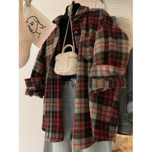 配色超美~復古毛呢撞色格子襯衫女時髦洋氣內搭曡穿繙領襯衣上衣