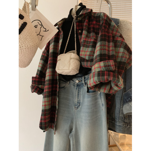 配色超美~復古毛呢撞色格子襯衫女時髦洋氣內搭曡穿繙領襯衣上衣