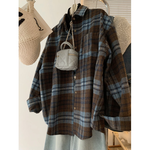 配色超美~復古毛呢撞色格子襯衫女時髦洋氣內搭曡穿繙領襯衣上衣