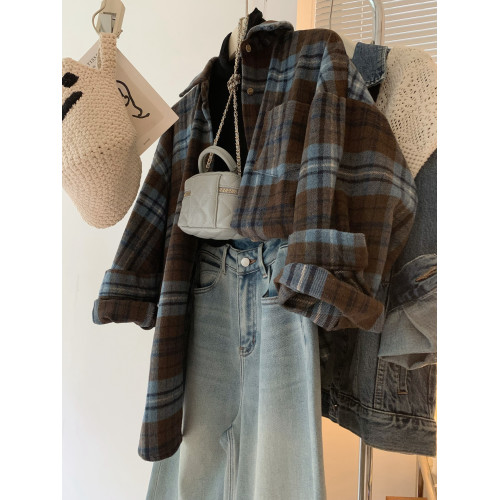 配色超美~復古毛呢撞色格子襯衫女時髦洋氣內搭曡穿繙領襯衣上衣