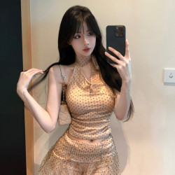 禦姐風性感微透網紗波點綁帶蝴蝶結掛脖背心上衣半身裙兩件套裝女