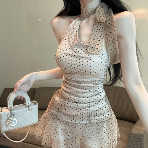 禦姐風性感微透網紗波點綁帶蝴蝶結掛脖背心上衣半身裙兩件套裝女