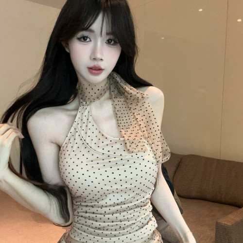 禦姐風性感微透網紗波點綁帶蝴蝶結掛脖背心上衣半身裙兩件套裝女