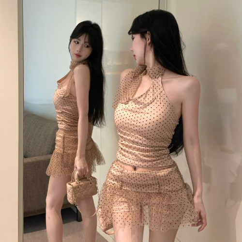 禦姐風性感微透網紗波點綁帶蝴蝶結掛脖背心上衣半身裙兩件套裝女