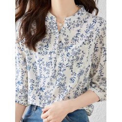 出口日單外單青花瓷小碎花襯衫女七分袖國風上衣別致減齡襯衣