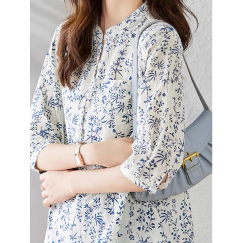 出口日單外單青花瓷小碎花襯衫女七分袖國風上衣別致減齡襯衣