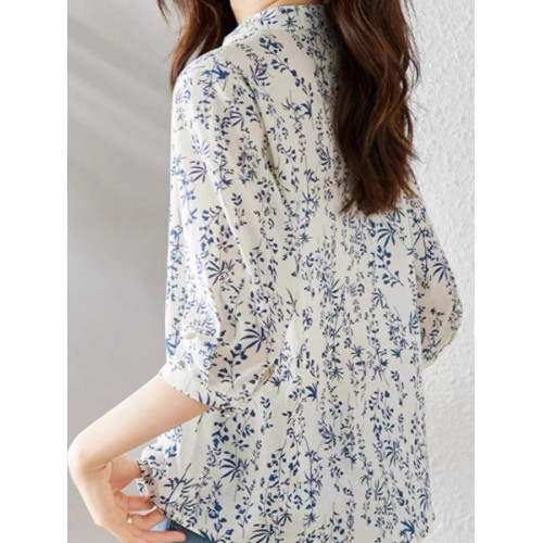 出口日單外單青花瓷小碎花襯衫女七分袖國風上衣別致減齡襯衣