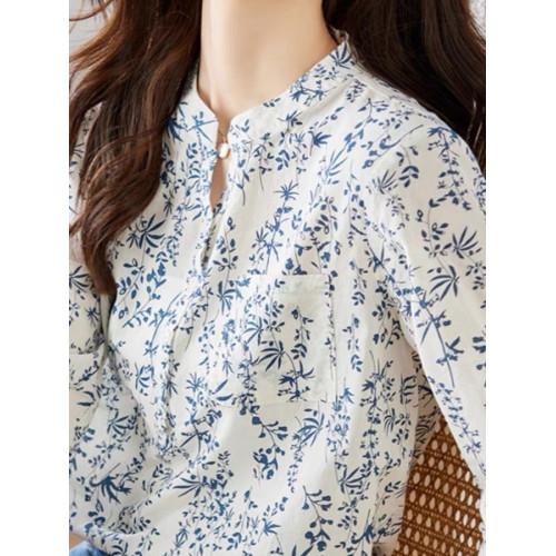 出口日單外單青花瓷小碎花襯衫女七分袖國風上衣別致減齡襯衣
