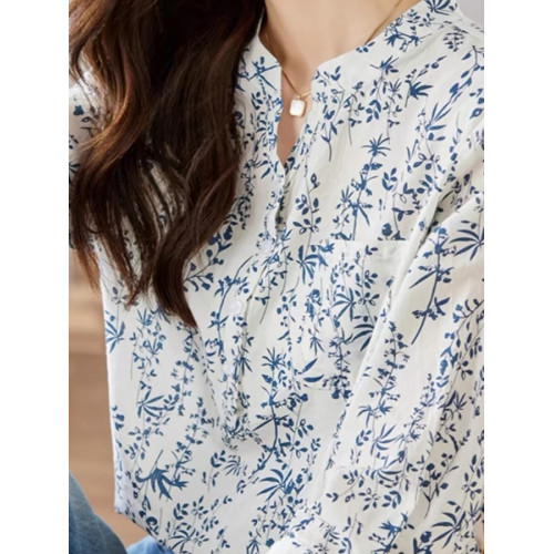 出口日單外單青花瓷小碎花襯衫女七分袖國風上衣別致減齡襯衣