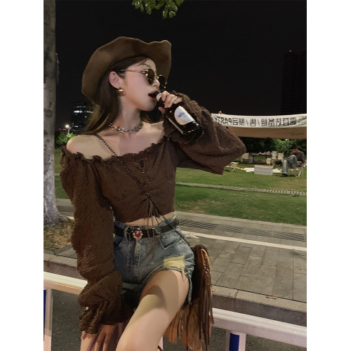 美拉德法式獨特別致絕美一字肩泡泡袖小衫上衣甜辣妹襯衫女春秋季