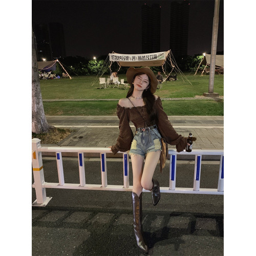 美拉德法式獨特別致絕美一字肩泡泡袖小衫上衣甜辣妹襯衫女春秋季