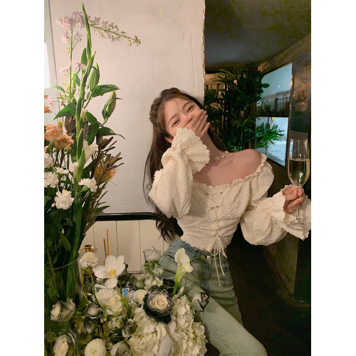 美拉德法式獨特別致絕美一字肩泡泡袖小衫上衣甜辣妹襯衫女春秋季