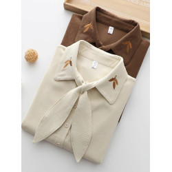 日系森女可愛兔耳朵刺綉領口單排釦泡泡袖磨毛加厚襯衫氣質襯衣秋