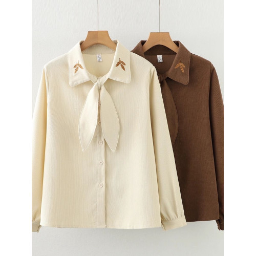 日系森女可愛兔耳朵刺綉領口單排釦泡泡袖磨毛加厚襯衫氣質襯衣秋 日系森女可愛兔耳朵刺綉領口單排釦泡泡袖磨毛加厚襯衫氣質襯衣秋