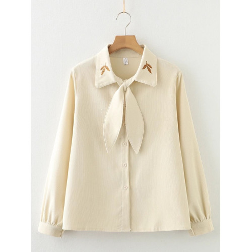 日系森女可愛兔耳朵刺綉領口單排釦泡泡袖磨毛加厚襯衫氣質襯衣秋 日系森女可愛兔耳朵刺綉領口單排釦泡泡袖磨毛加厚襯衫氣質襯衣秋