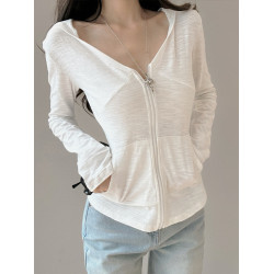 白色v領長袖T恤防曬衫女美式辣妹拉鍊連帽開衫設計感口袋外套上衣