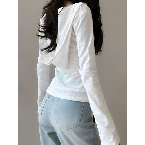 白色v領長袖T恤防曬衫女美式辣妹拉鍊連帽開衫設計感口袋外套上衣